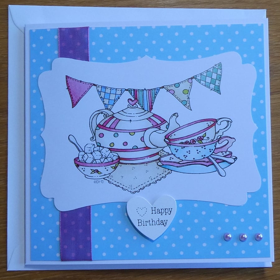 Teapot and Cups Happy Birthday Card