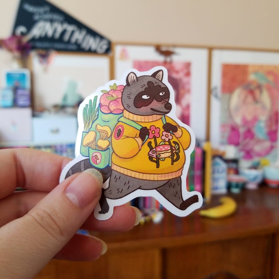 Raccoon Wanderer - cute cosy woodland animal sticker 