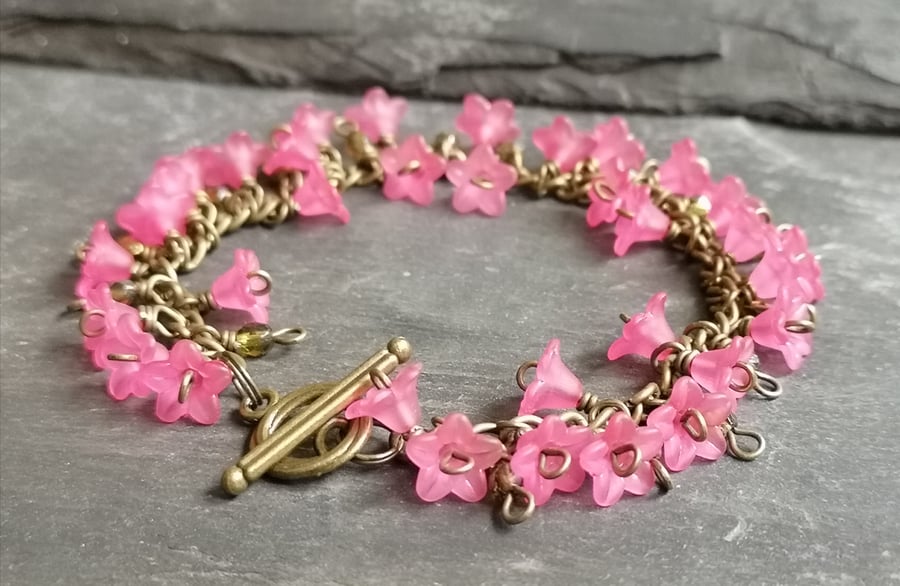 SALE Pink flower and antique gold chain charm style bracelet with toggle clasp 