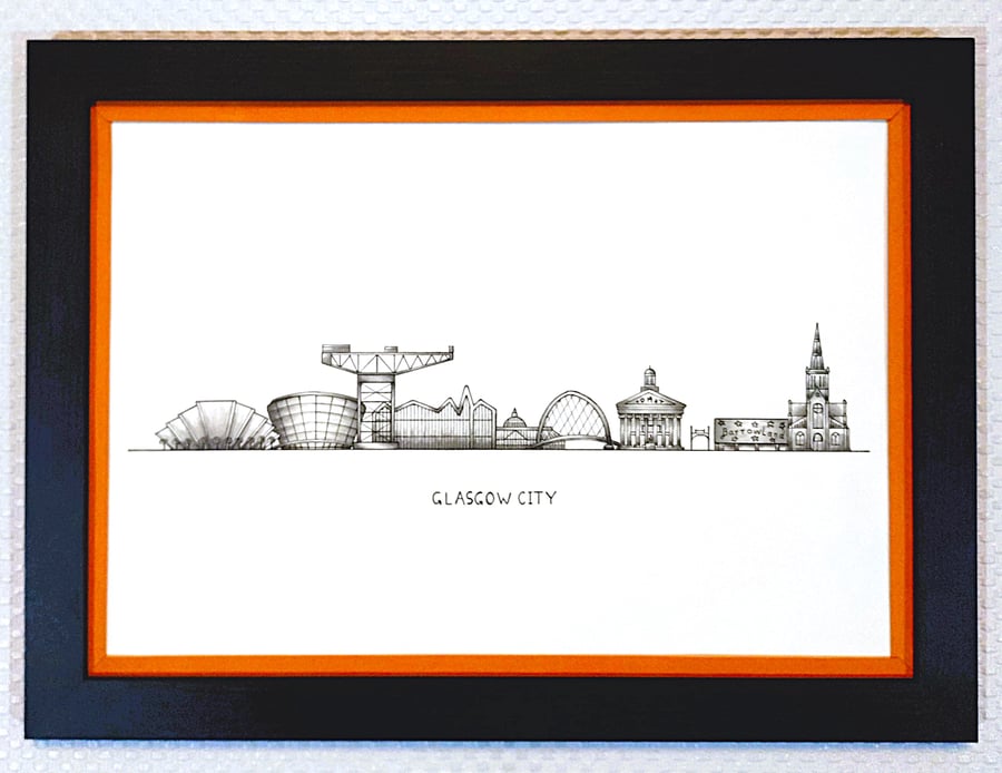 Glasgow Cityscape Handmade Unique Framed A3 Print Orange Border Wallart Gift