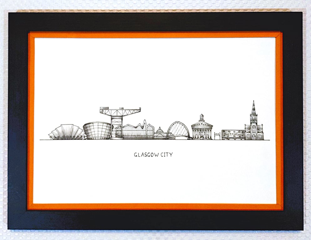 Glasgow Cityscape Handmade Unique Framed A3 Print Orange Border Wallart Gift