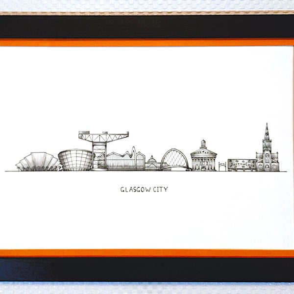 Glasgow Cityscape Handmade Unique Framed A3 Print Orange Border Wallart Gift