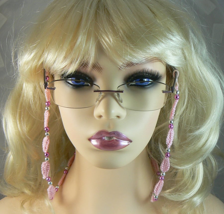 Glasses lanyard chain , crochet leaves with beads (pink)