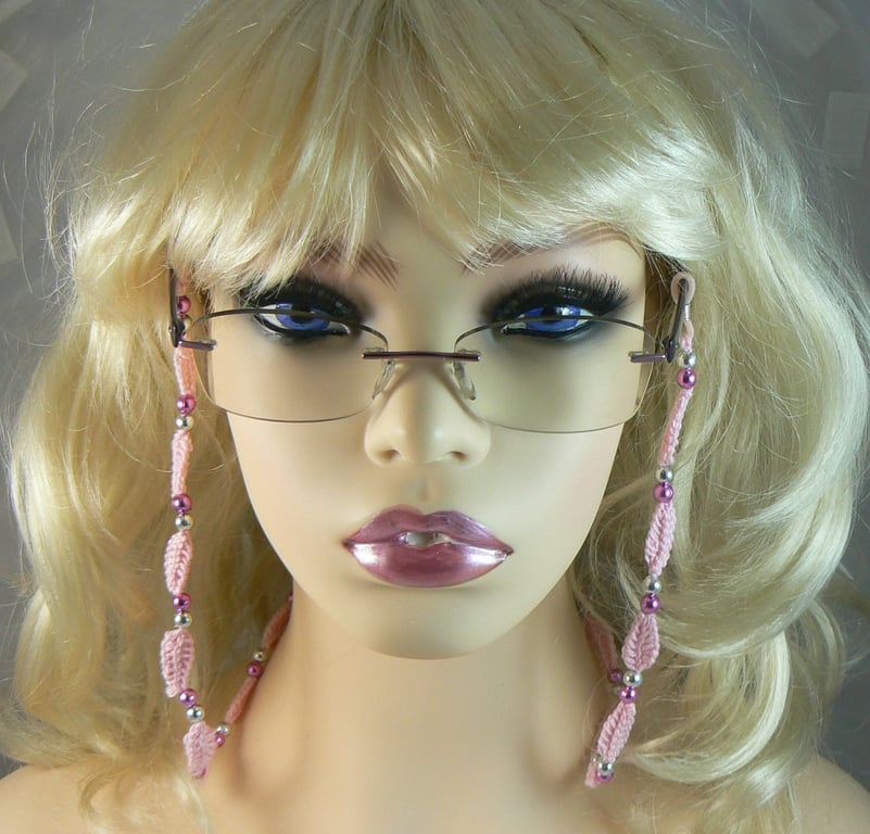 Glasses lanyard chain , crochet leaves with beads (pink)
