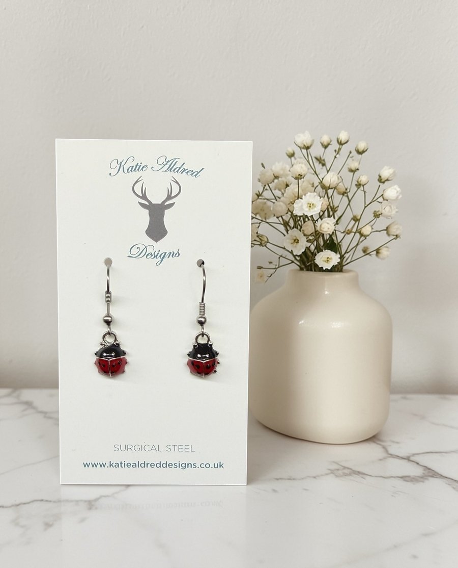 Image of Charm Earrings - Silver Enamel Ladybird