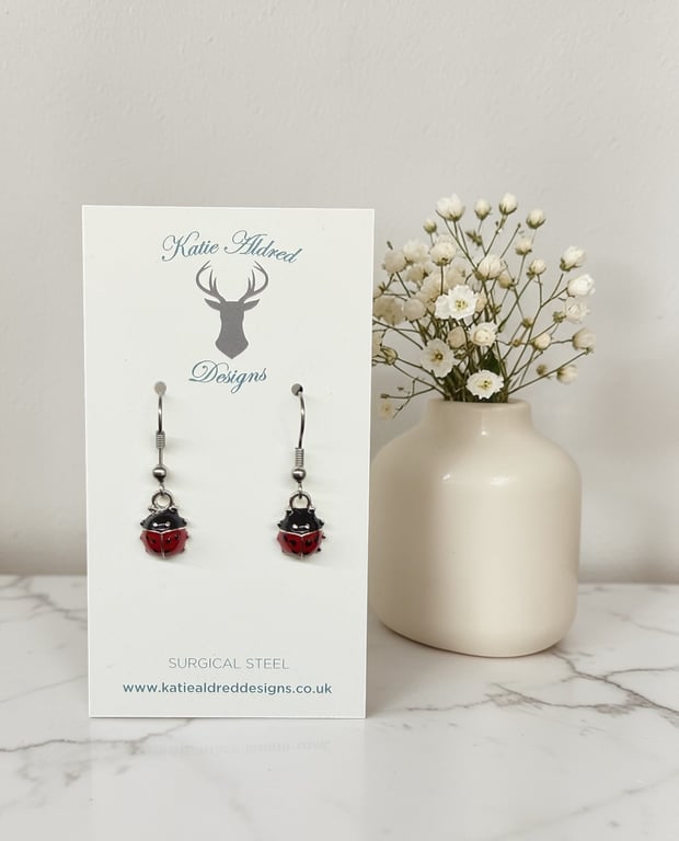 Charm Earrings - Silver Enamel Ladybird