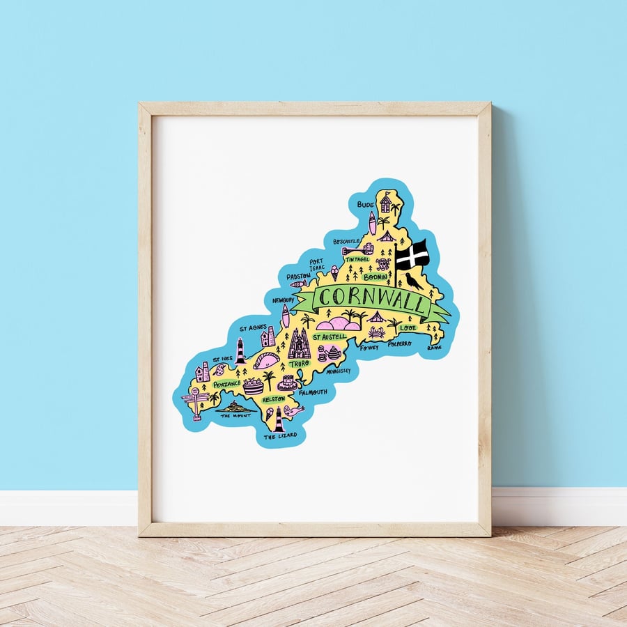 Cornwall Map Art Print, Map of Cornwall Illustrated Wall Art Print, Cornwall Art