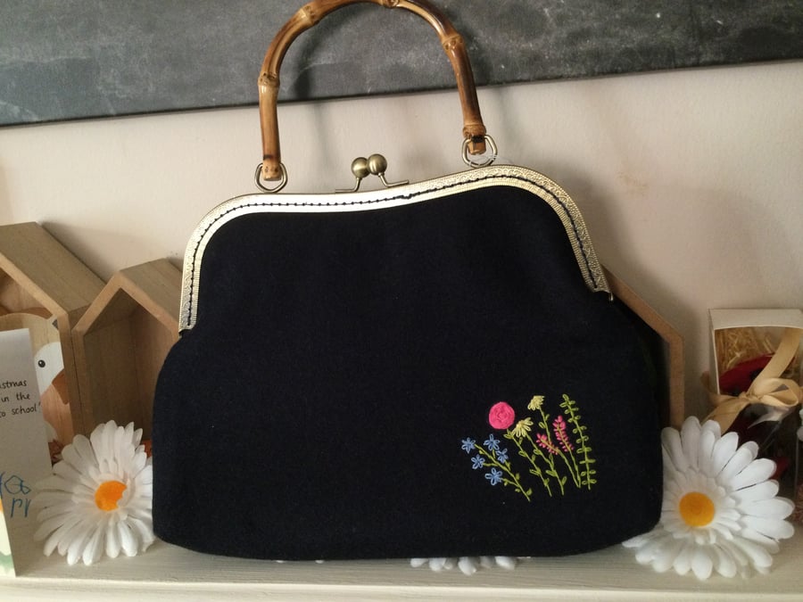 Large Navy Blue , embroidered Clasp bag.  