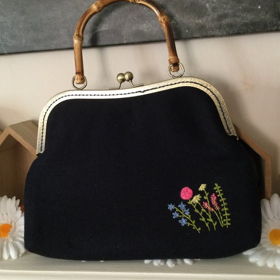 Large Navy Blue , embroidered Clasp bag.  