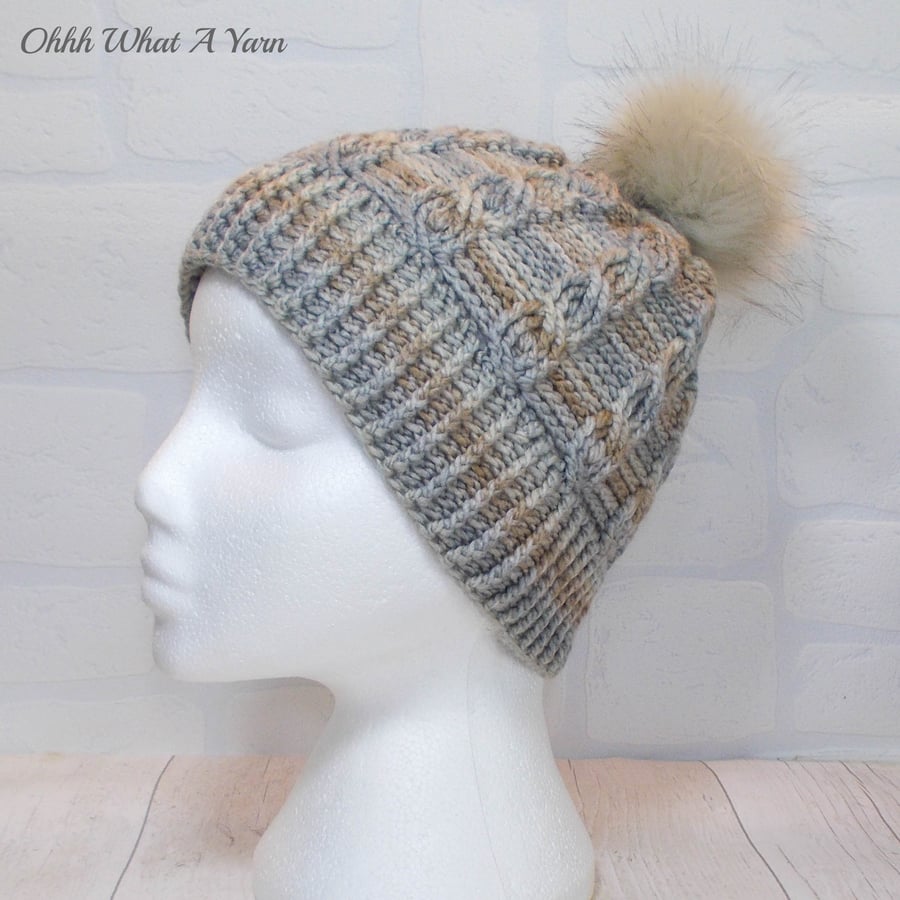 Crochet hat, beanie. Ladies beige, taupe and cream cable pom pom hat. 