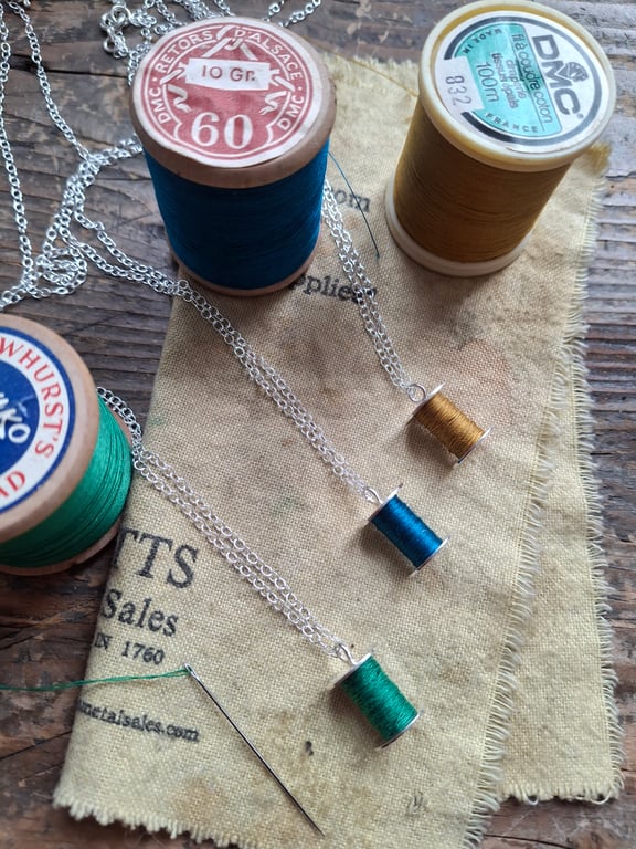 Cotton reel pendant, silver necklace, sewing necklace