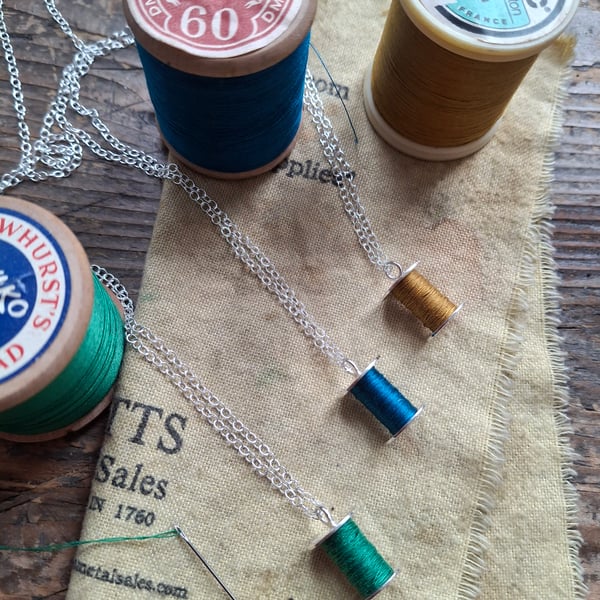 Cotton reel pendant, silver necklace, sewing necklace