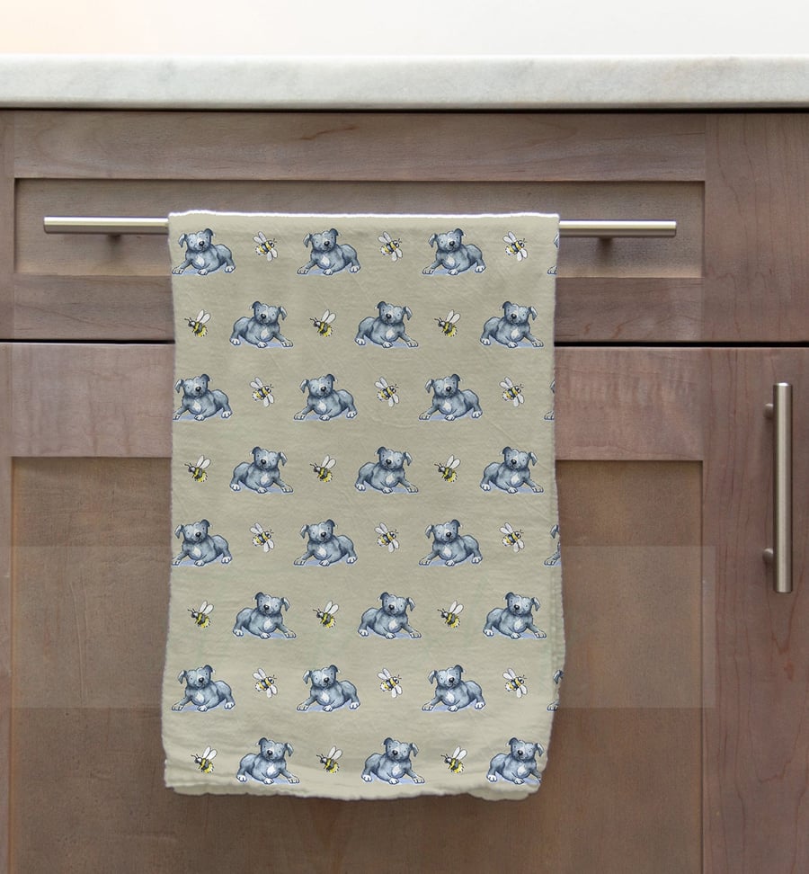 Staffie Grey & Bee Tea Towel