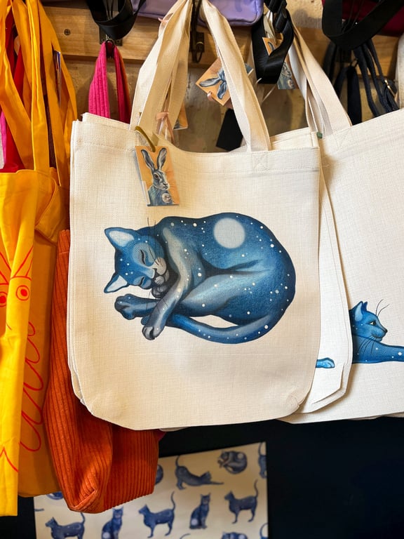 Cat Tote Bag - Lunar Cat Dreaming. Illustrated, recycled shopping bag.