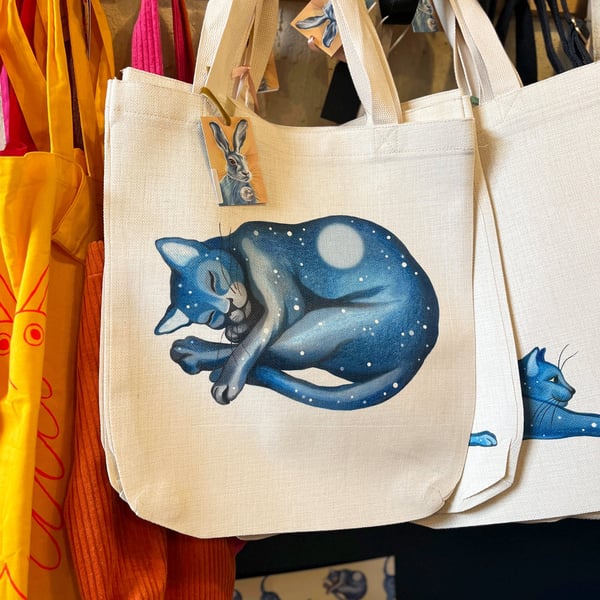 Cat Tote Bag - Lunar Cat Dreaming. Illustrated, recycled shopping bag.