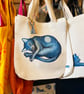Cat Tote Bag - Lunar Cat Dreaming. Illustrated, recycled shopping bag.