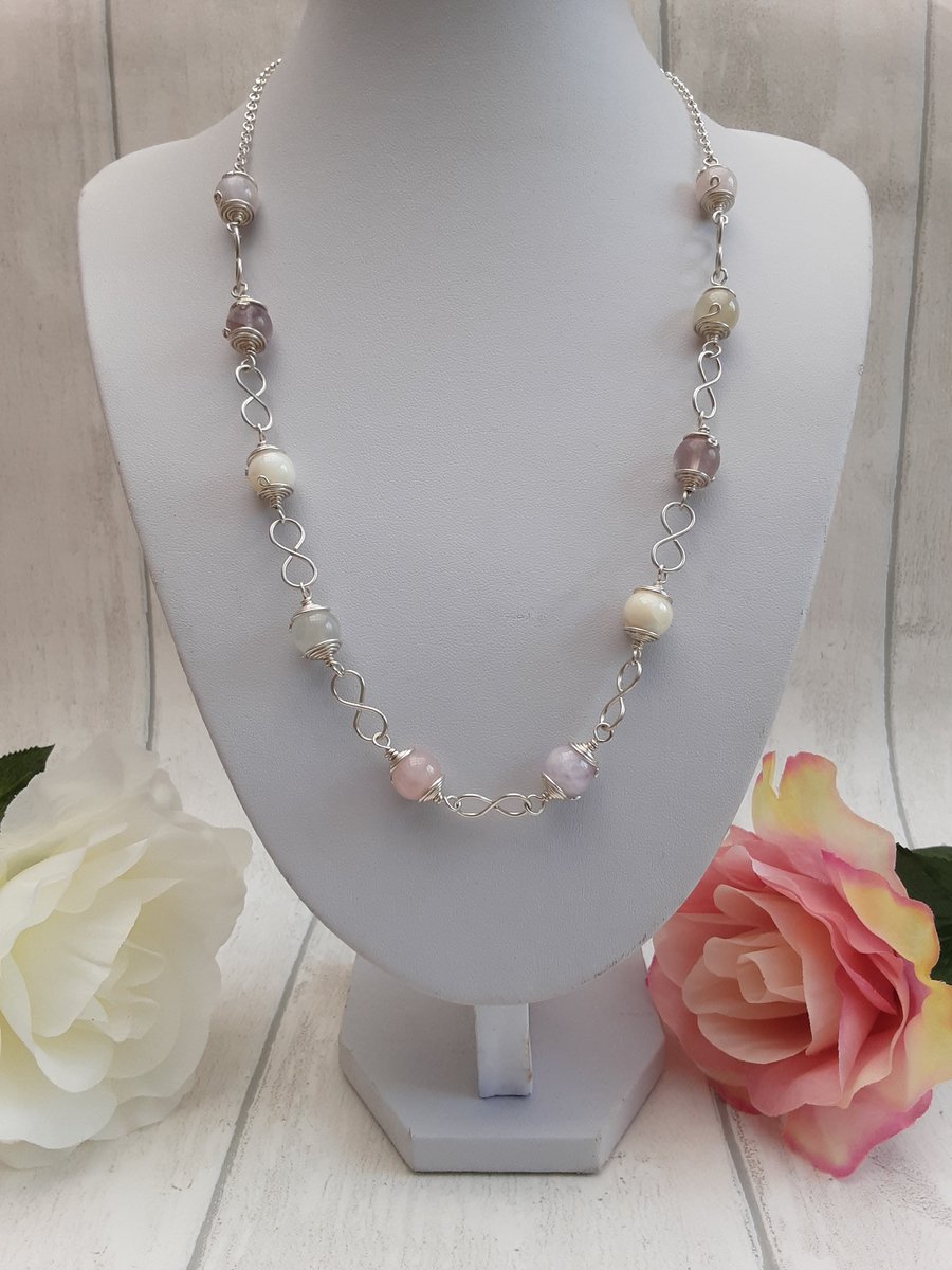 Mixed pastel crystals necklace amethyst moonstone mother of pearl fluorite rose 