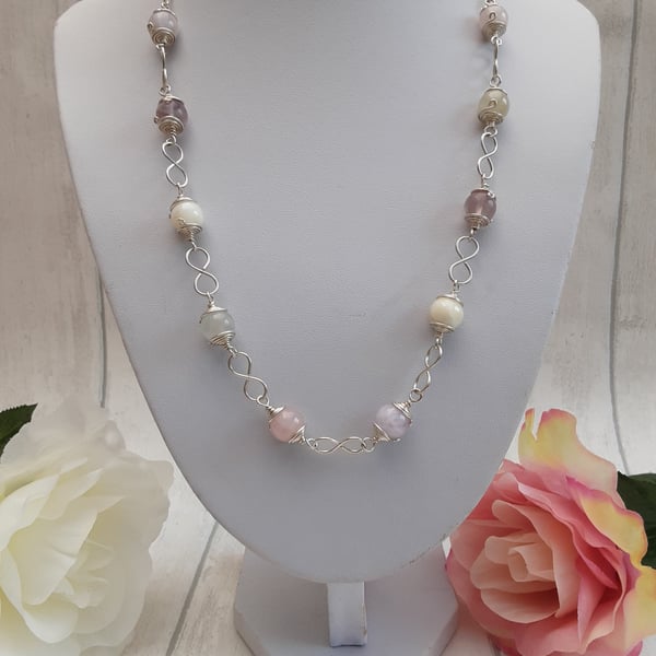 Mixed pastel crystals necklace amethyst moonstone mother of pearl fluorite rose 