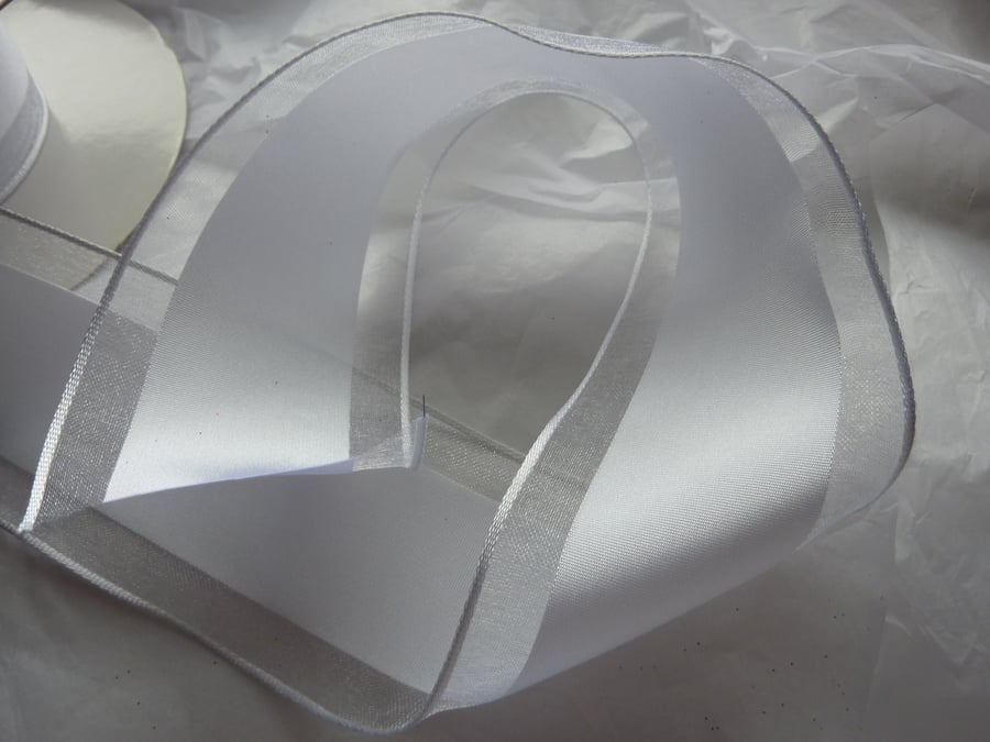 1 Metre Wire Edged Ribbon 63mm Wide White Sheer Stripe 
