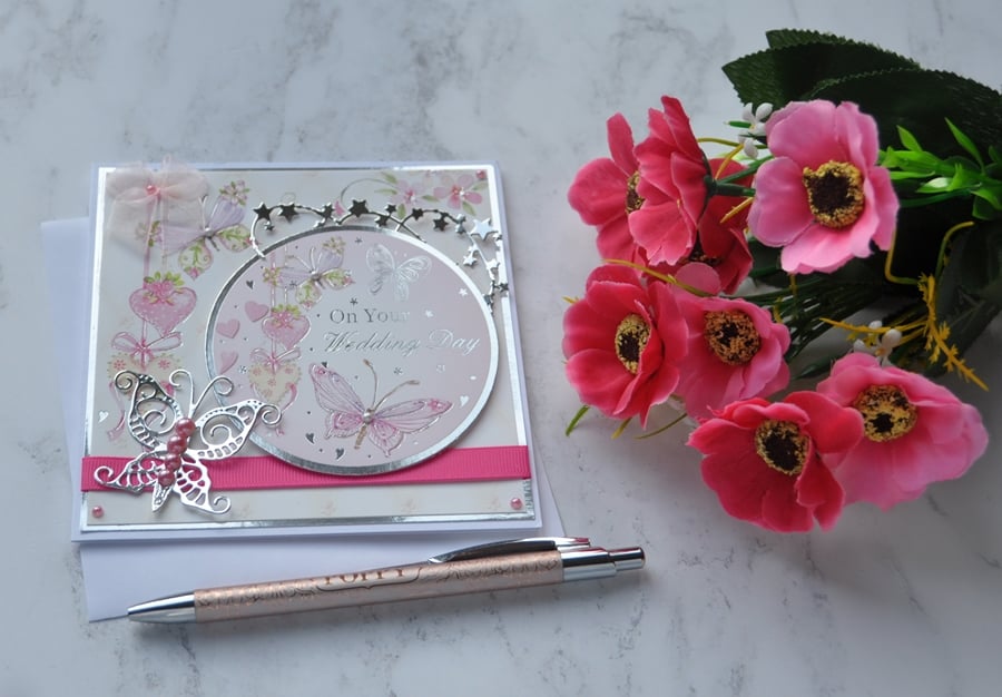 Wedding Card On Your Wedding Day Silver Butterflies 3D Luxury Handmade Card