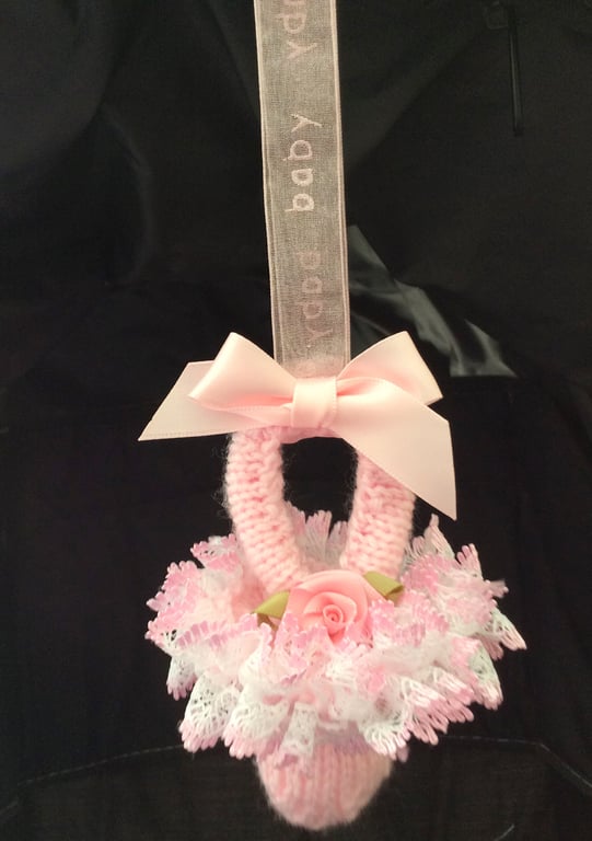 Pink baby dummy pram charm hand knitted 