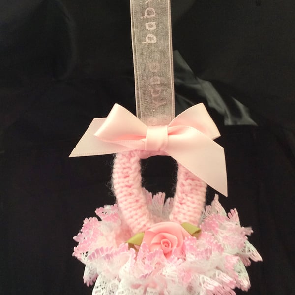 Pink baby dummy pram charm hand knitted 