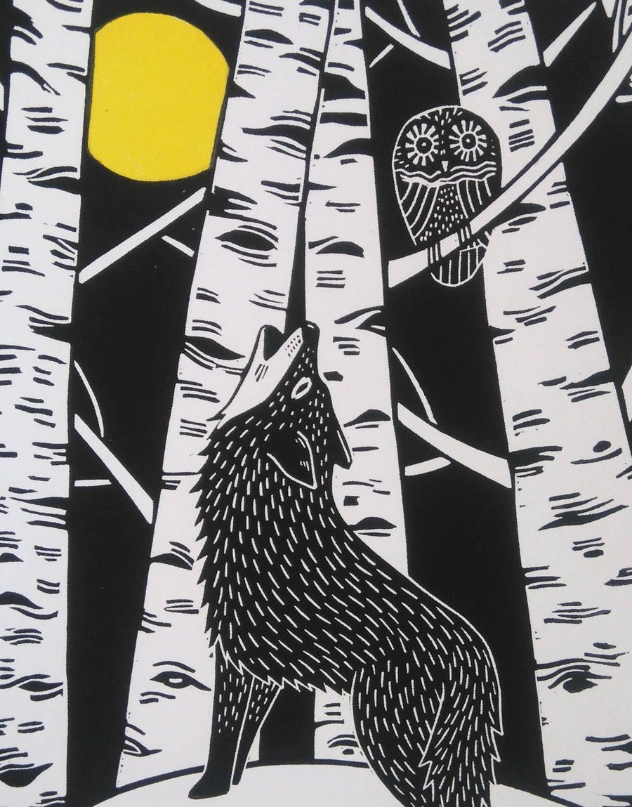 Wolf and Owl Linoprint, Black and White linocut print