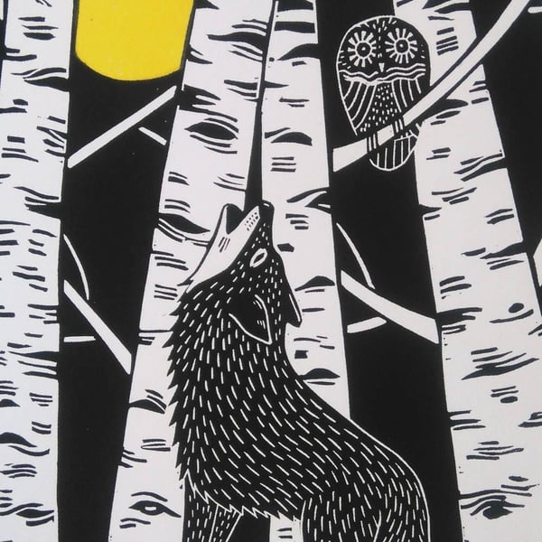 Wolf and Owl Linoprint, Black and White linocut print