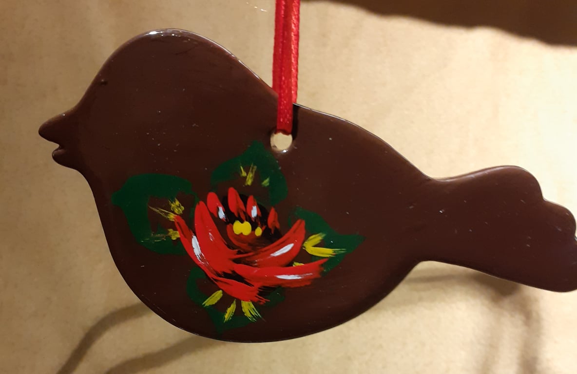 Ceramic hanging bird handpainted with canal art style roses