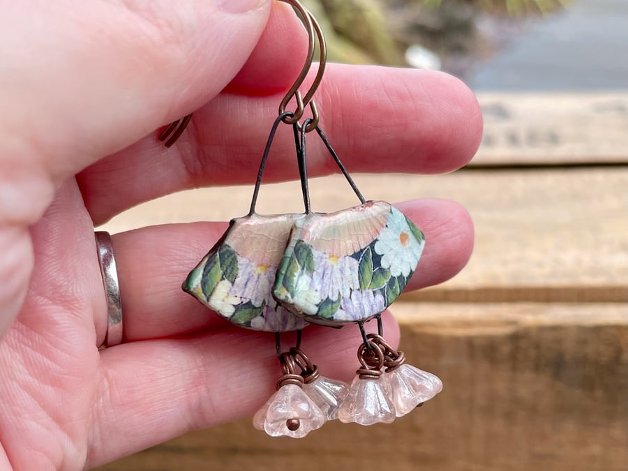 Floral Ceramic Earrings. Vintage Style Fan Earrings. Feminine Handmade Jewellery