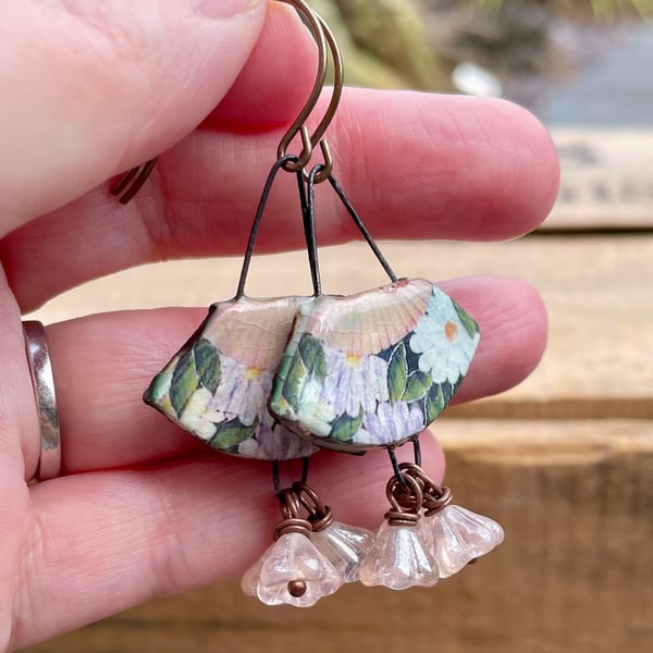 Floral Ceramic Earrings. Vintage Style Fan Earrings. Feminine Handmade Jewellery