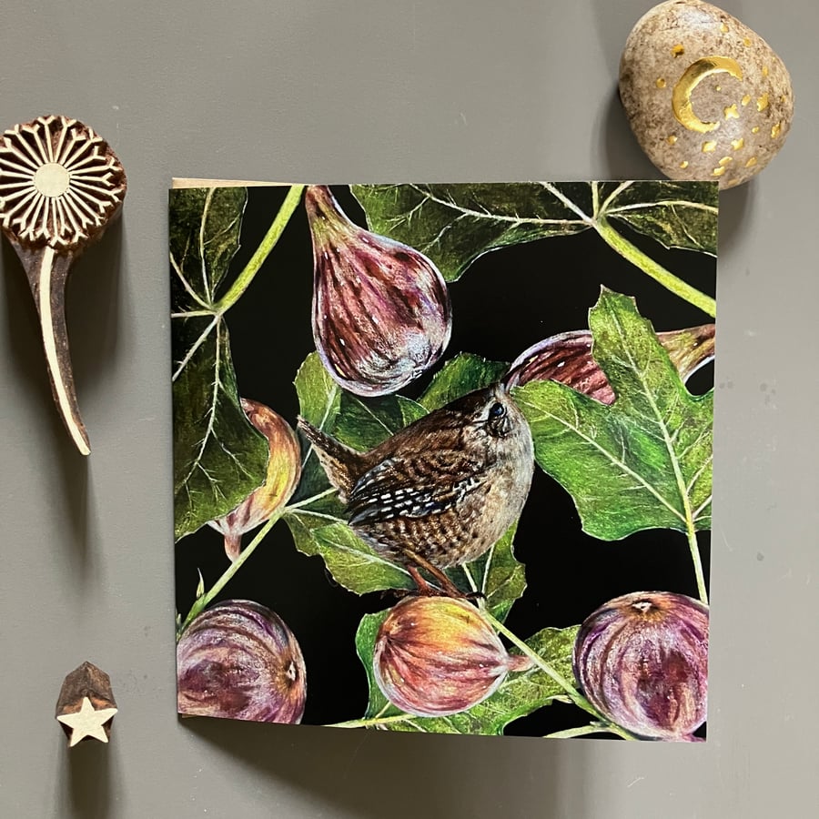 Wren and Figs Blank Greeting Card