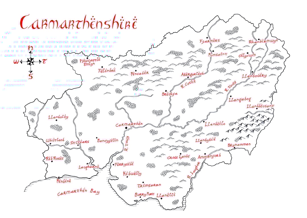 Map of Carmarthenshire Hand Drawn Tolkien Style Map Artwork