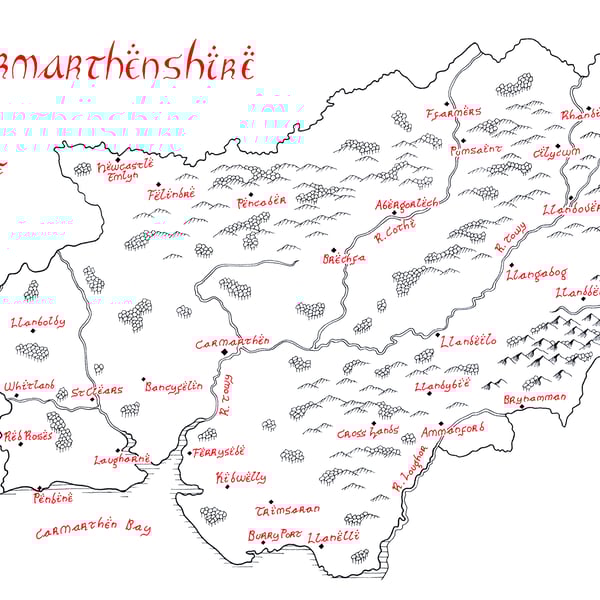Map of Carmarthenshire Hand Drawn Tolkien Style Map Artwork