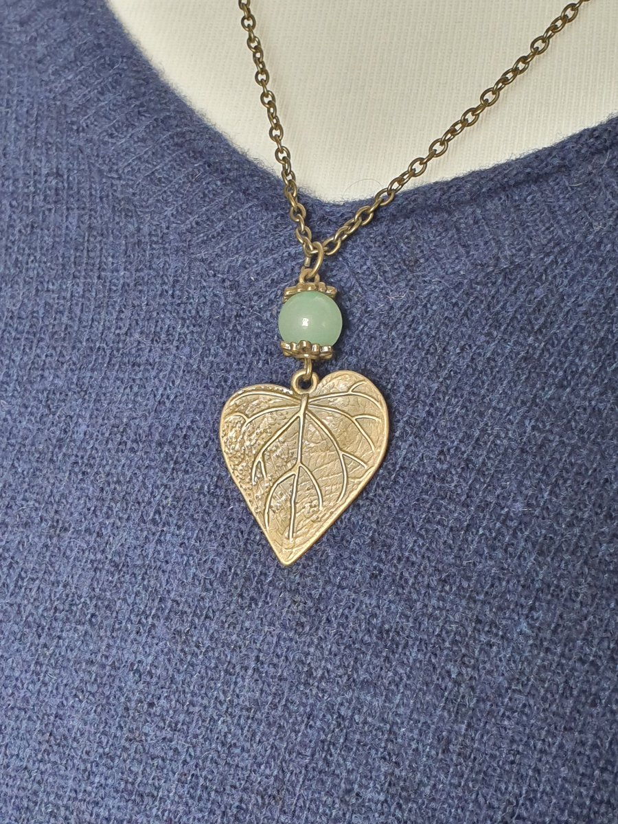 Green Aventurine and Antique Bronze Leaf Pendant Necklace 