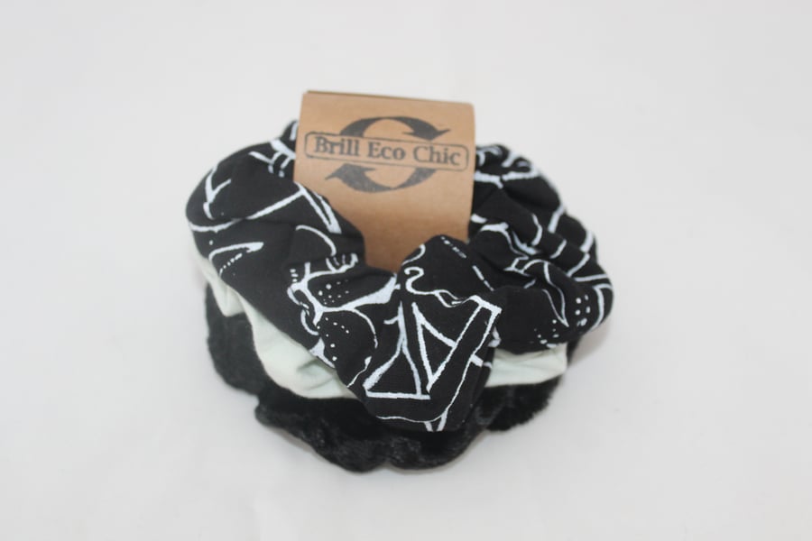 hair scrunchie black & white hand print floral set of 3,Eco gift