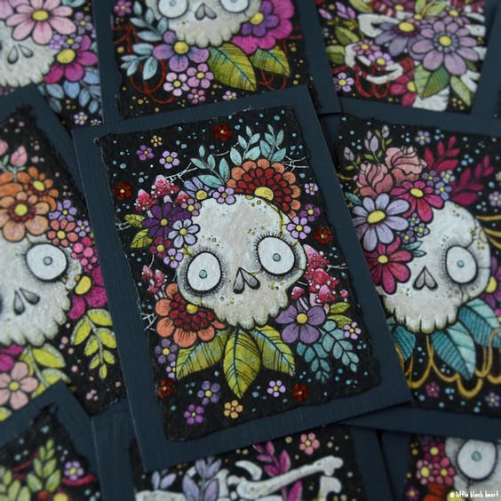 bony botanical skull - original aceo