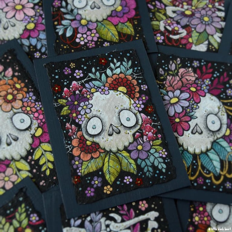 bony botanical skull - original aceo