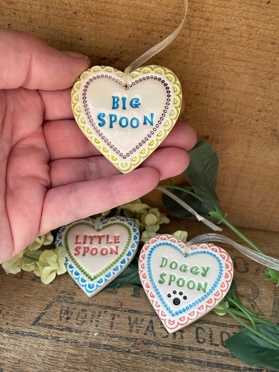 Dog themed gift. Big Spoon, Little spoon, doggy spoon ceramic heart set