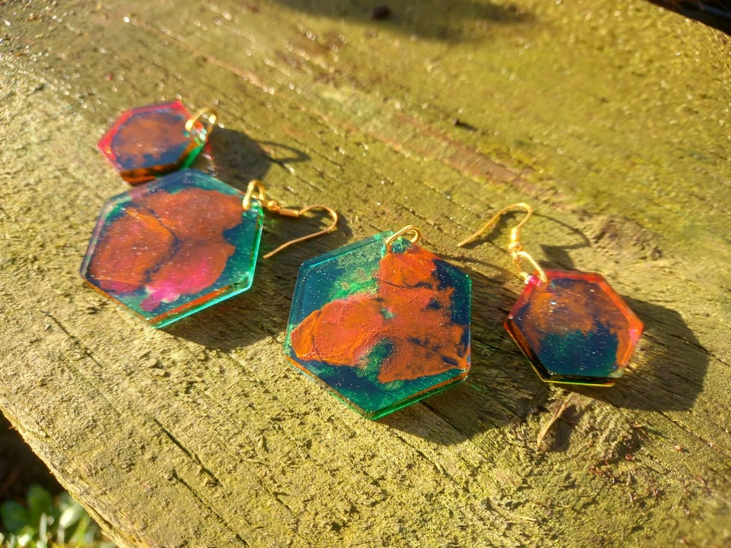 Earthy Green and Brown Hexagon Earrings