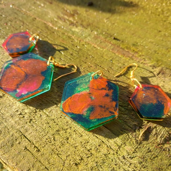 Earthy Green and Brown Hexagon Earrings