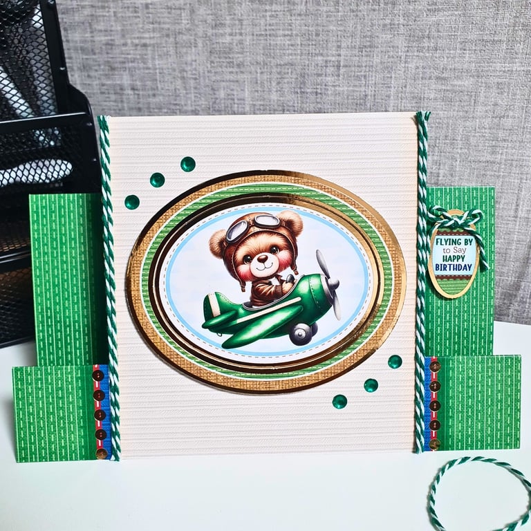 Birthday Stepper Card With A Teddy Bear In A Green Aeroplane 