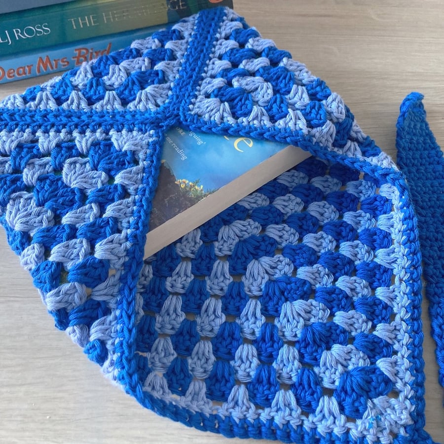 Granny Square Book Sleeve - Book Wrap -  Blue Crocheted Book Sleeve