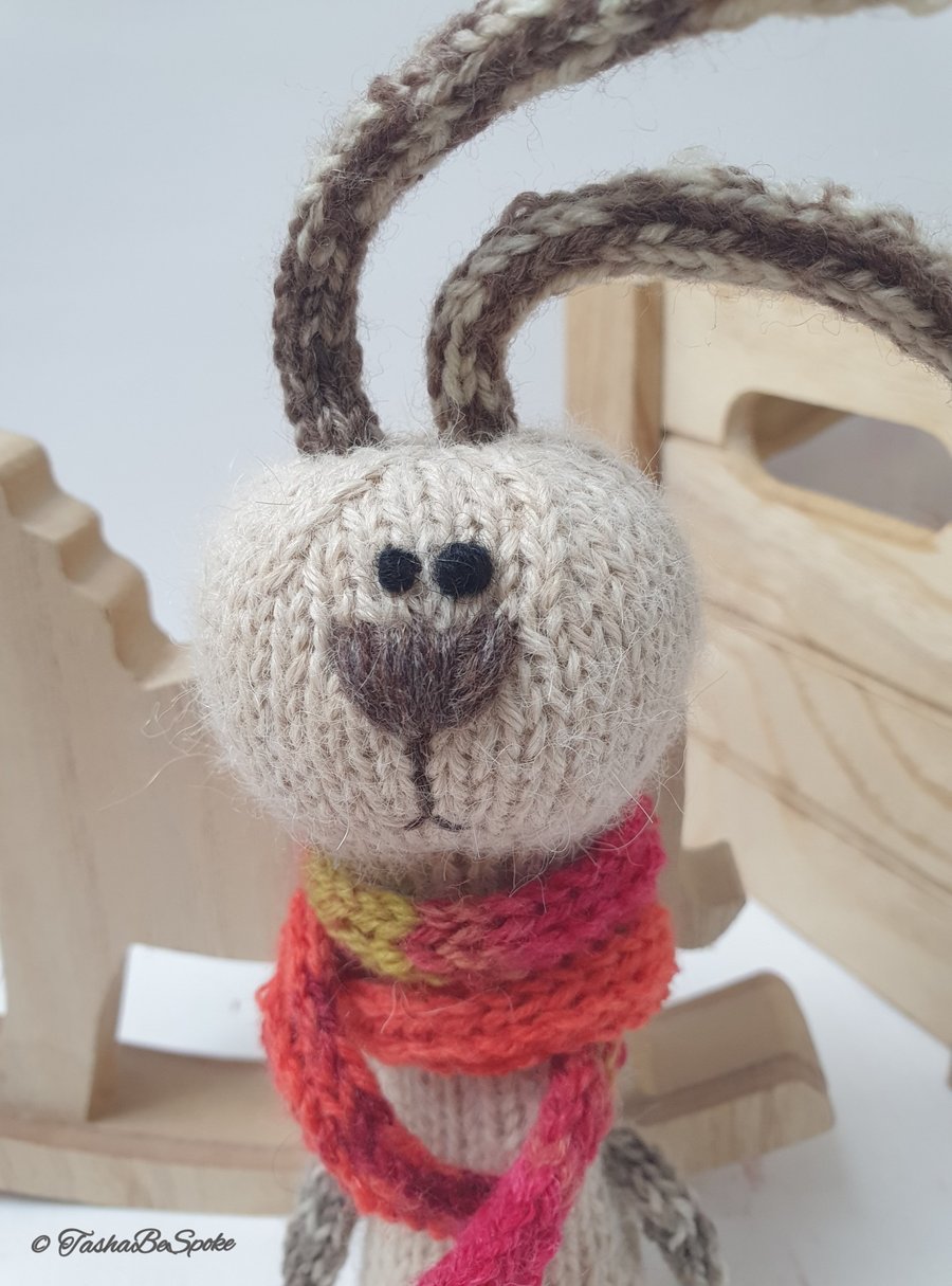 Handmade knitted alpaca bunny in orange scarf, Interior decor, Pocket toy