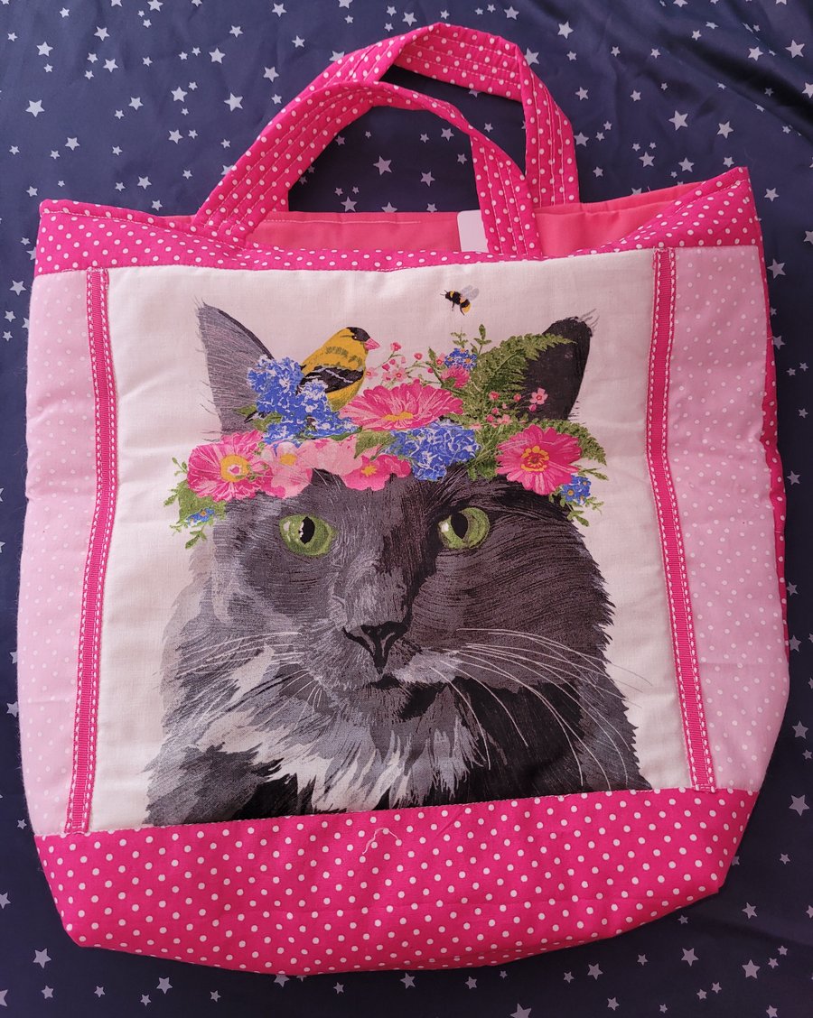 Cat shopping bag grey cat with flowers pink tote bag