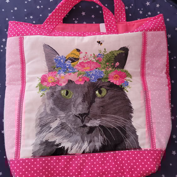 Cat shopping bag grey cat with flowers pink tote bag