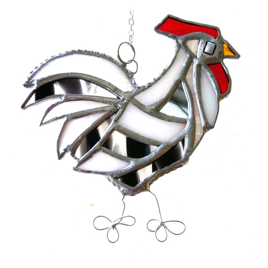 SOLD 251201  T Cockerel Suncatcher Stained Glass chicken 046 White Black Chicken
