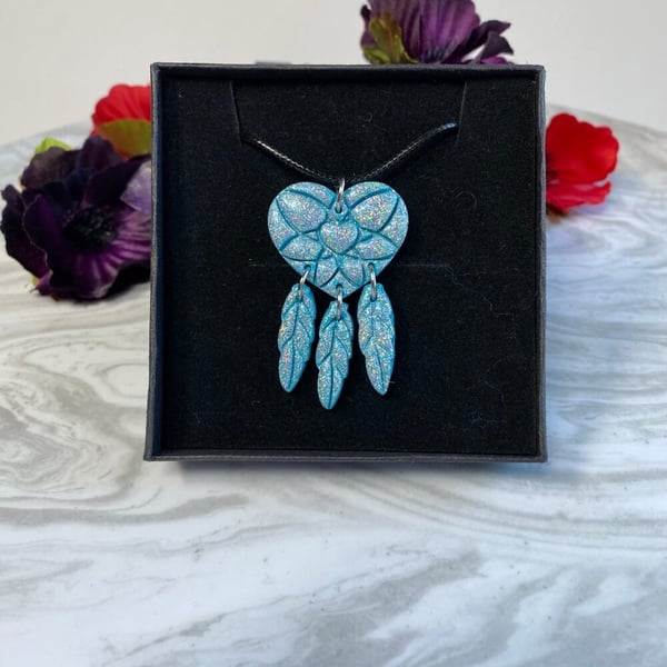 Dreamcatcher heart necklace turquoise polymer clay and silver glitter.