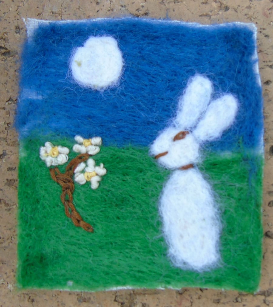 needle felt hare and moon picture, 