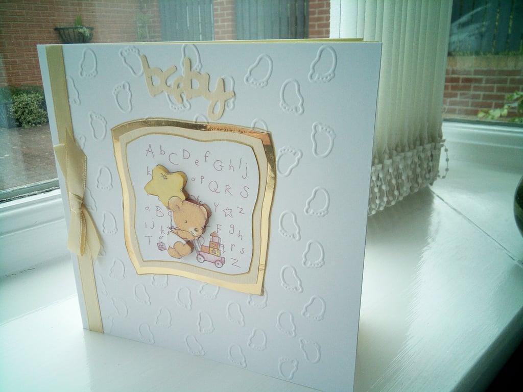 Cute teddy playing decoupage new baby card